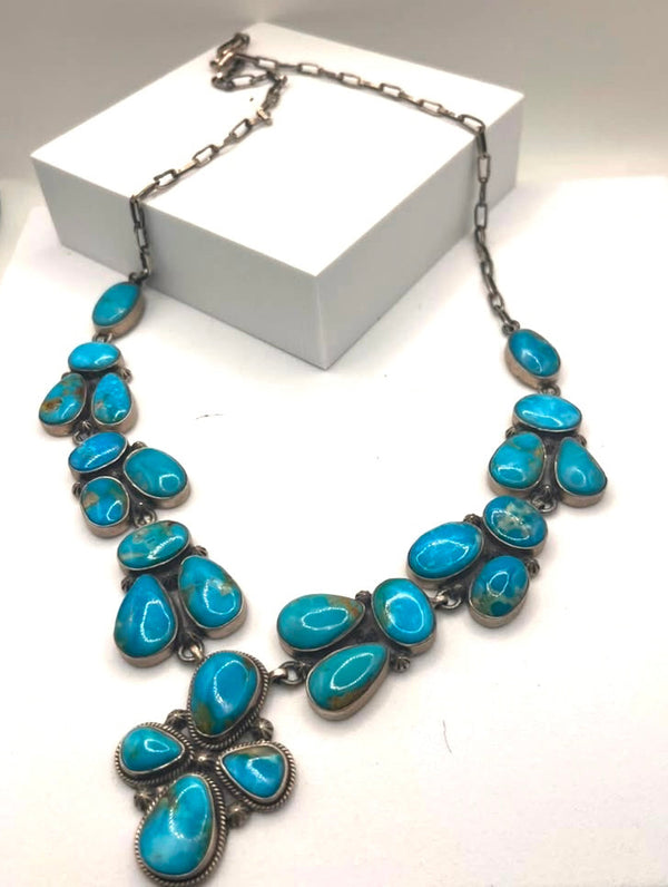 KINGMAN TURQUOISE CLUSTER STERLING SILVER PAPERCLIP STATEMENT LARIAT  25" (LR 1)