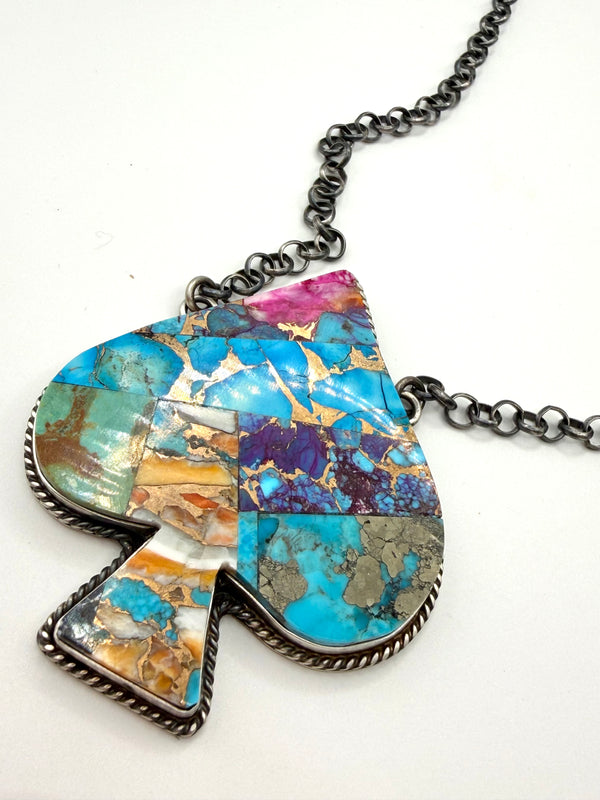 NATIVE HANDMADE PINK & PURPLE DAHLIA & SPINY TURQUOISE SPADE NECKLACE BY PATRICK YAZZIE (UP TO 20") (NP 5)
