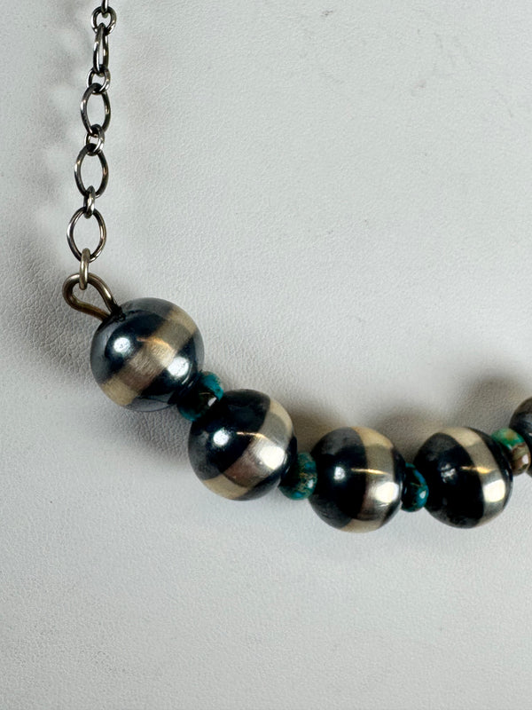 LARGE NAVAJO PEARLS & MINE 8 TURQUOISE BAR PAPERCLIP NECKLACE 22" (DC 25)