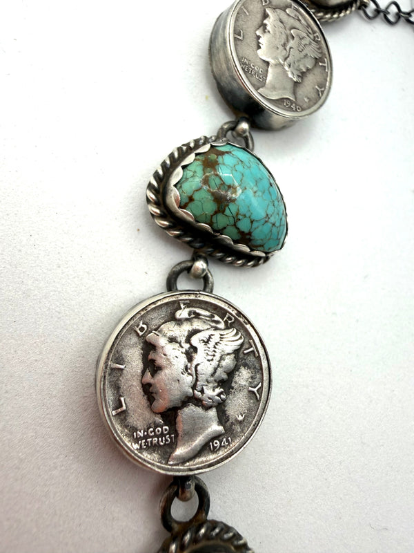 J. FRANK RED MOUNTAIN TURQUOISE DIME NATIVE HANDMADE ADJUSTABLE LARIAT 22" (LL 1)