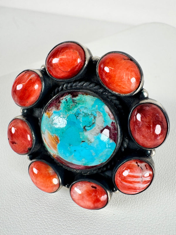 NATIVE HANDMADE MULTISTONES COMPOSITE & RED SPINY OYSTER CLUSTER ADJUSTABLE STATEMENT RING BY TONY YAZZIE (LB 5)