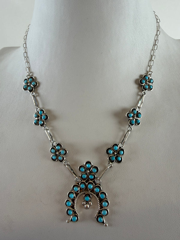 ZUNI HANDMADE SLEEPING BEAUTY TURQUOISE NEEDLE POINT NECKLACE (ADJUSTABLE 18")  BY ARTIST ROSE MARY JAMES (RN 8)