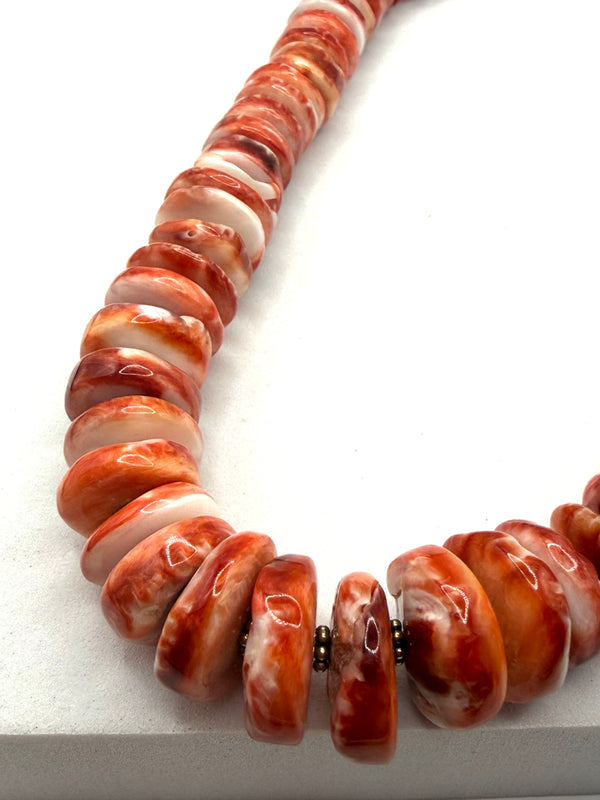 CHUNKY ORANGE SPINY OYSTER BEADED NECKLACE WITH STERLING SILVER FLUTTED SPACERS 18-22" (TC 14)
