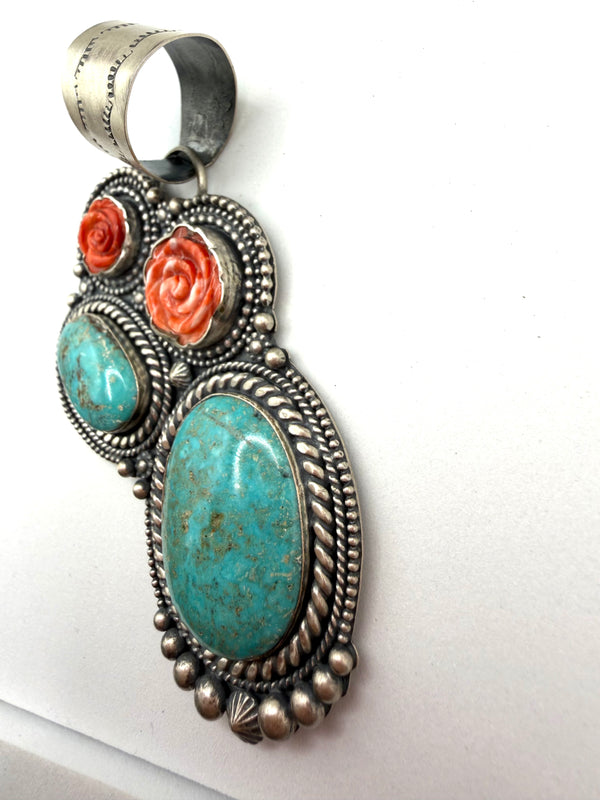 STERLING SILVER STATEMENT CACTUS PENDANT IN KINGMAN TURQUOISE & ORANGE SPINY OYSTER BY SHAY PFEIFFER (MW 458)