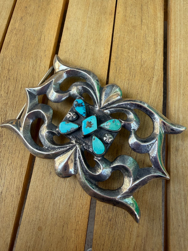 NATIVE HANDMADE MULTITURQUOISE VINTAGE BELT BUCKLE (LB 40)