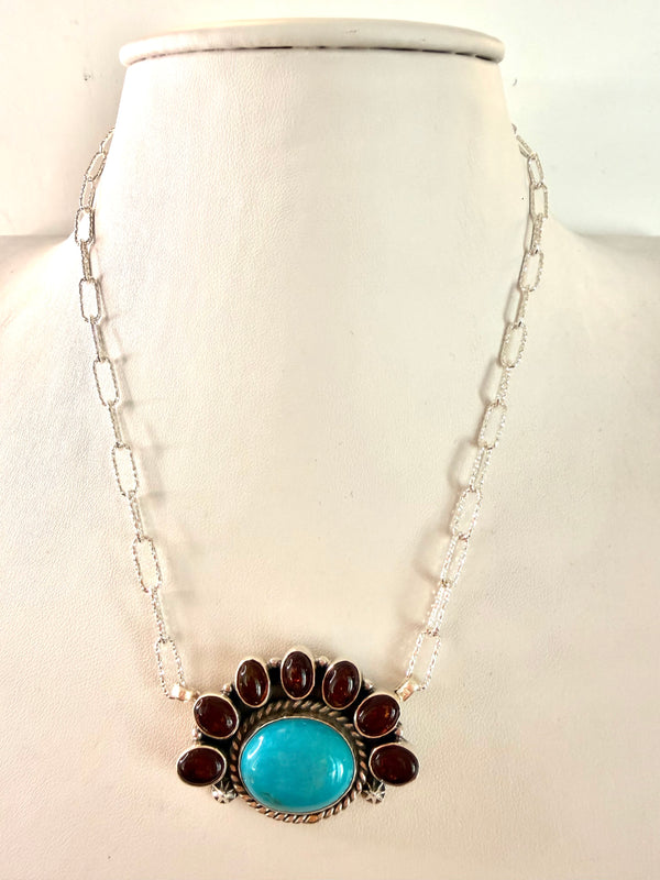 NATIVE HANDADE BALTIC AMBER AND KINGMAN HALF CLUSTER PAPERCLIP NECKLACE BY TONY YAZZIE 17" (JR 51)