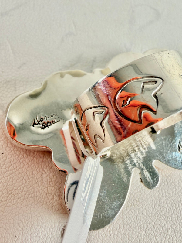 NATIVE HANDMADE ORANGE SPINY OYSTER STATEMENT BUTTERFLY RING SIZE 9 BY DARLENE BEGAY (RN 1)