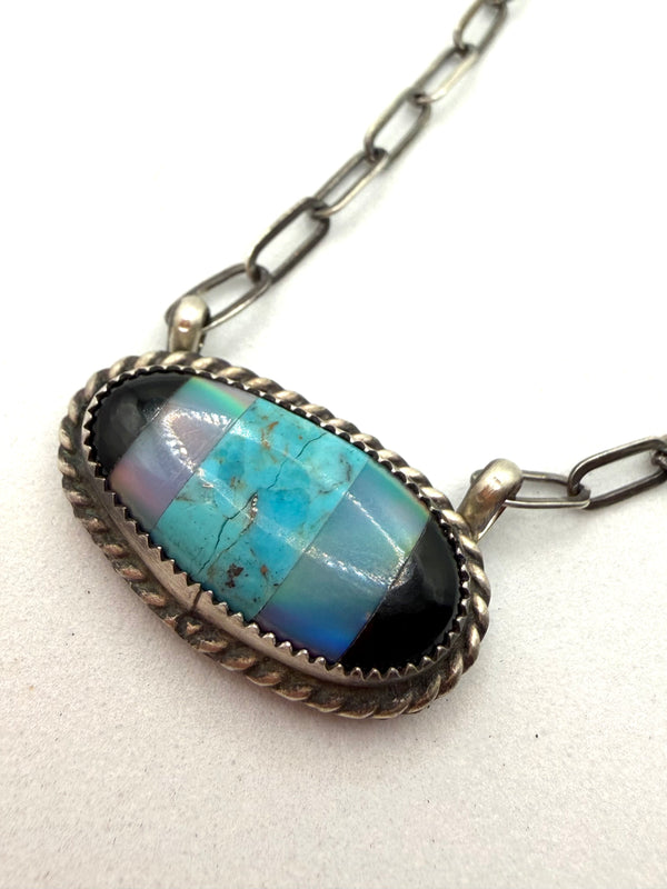 ELLA COWBOY NATIVE HANDMADE OPAL & MULTISTONES INLAY NECKLACE 18" (LL 10)