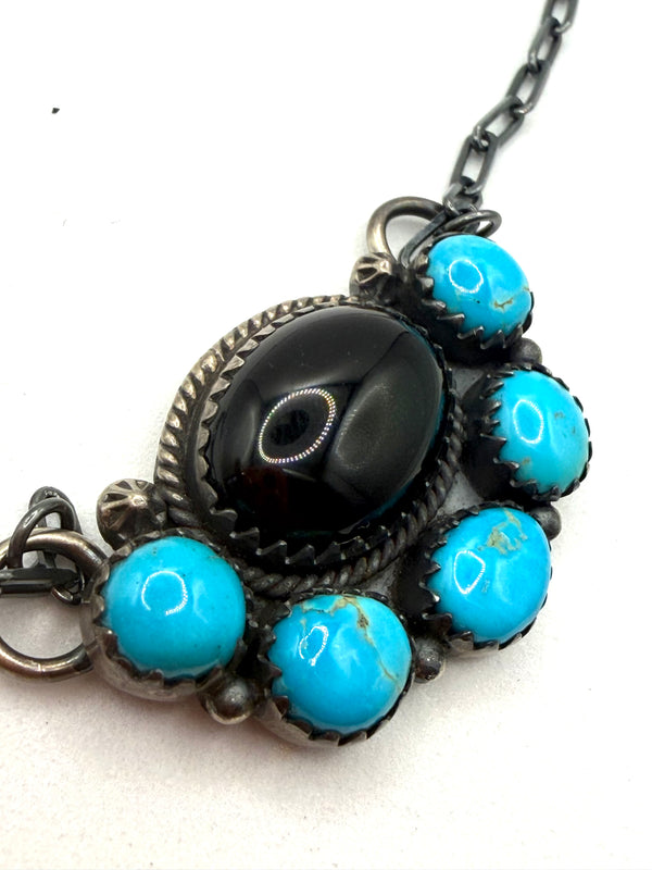 BLACK ONYX & KINGMAN TURQUOISE CLUSTER GUNMETAL ADJUSTABLE NECKLACE 21" (TC 10)