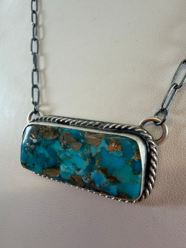 NATIVE HANDMADE KINGMAN TURQUOISE & PYRITE BAR NECKLACE BY NED NEZ (ADJUSTABLE 22") (JR 68)