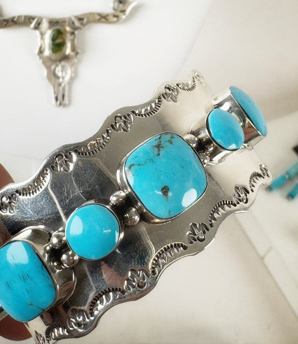NATIVE HANDMADE SLEEPING BEAUTY TURQUOISE ADJUSTABLE CUFF BY EMERSON DELGARITO