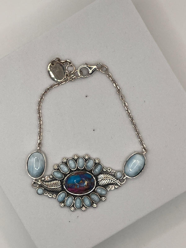 STERLING SILVER LARIMAR & PURPLE DAHLIA ADJUSTABLE BRACELET 7-8" (JR 104)