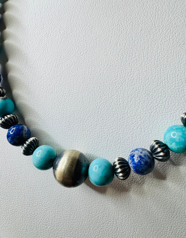 KINGMAN TURQUOISE & LAPIS PEARLS NAVAJO PEARLS NECKLACE WITH FLUTTED SPACERS 18-20" (MW 366)