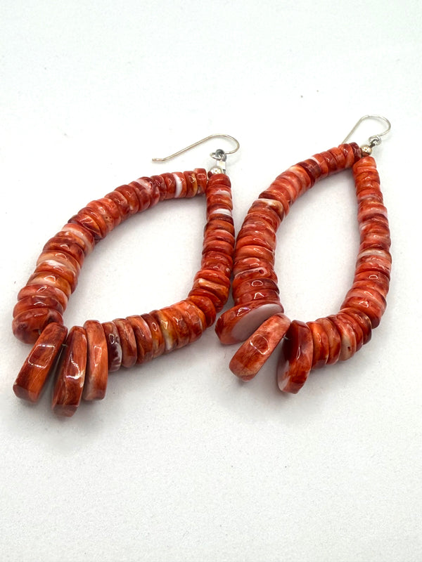 CHUNKY ORANGE SPINY OYSTER BEADED FISHHOOK EARRINGS 3" (TC 15)