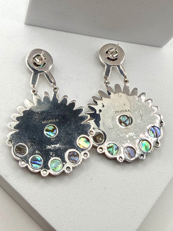 STERLING SILVER ABALONE SHELL EVIL EYE HESPERA POST BACK EARRINGS (JR 86)