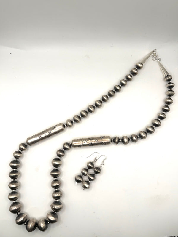 SHARON COOLEY STERLING SILVER STATEMENT BEAD NECKLACE 30" & EARRINGS SET (NP 31)