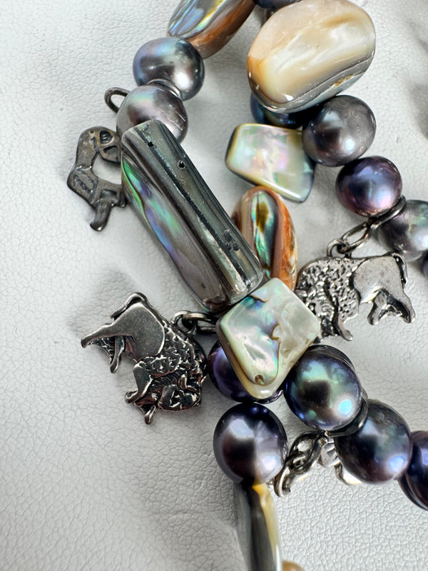 MULTISTRAND ABALONE SHELL & MULTISTONES INLAY ONE-OF-A-KIND 42" NECKLACE (MW 326)