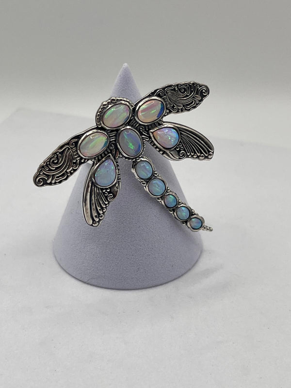 STERLING SILVER WHITE SPIDER OPAL & AUSTRALIAN OPAL ADJUSTABLE DRAGONFLY RING 8.5" (JR 103)