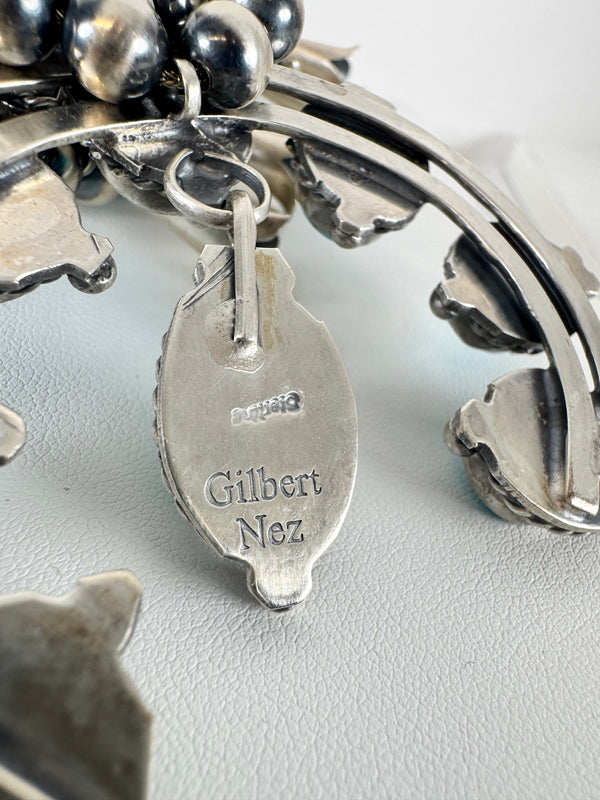 RARE NATIVE HANDMADE GILBERT NEZ KINGMAN TURQUOISE SQUASH BLOSSOM 26" (LB 1)