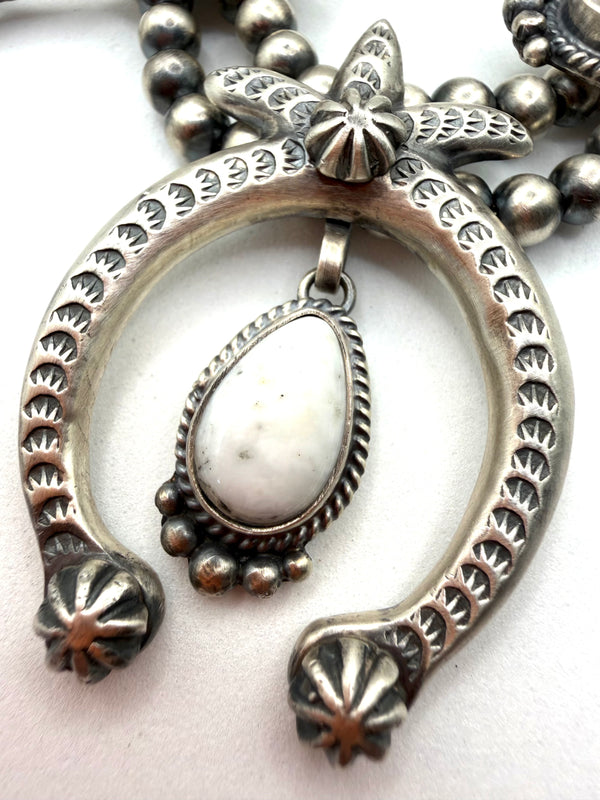 THOMAS FRANCISCO WHITE BUFFALO TURQUOISE NATIVE HANDMADE SQUASH BLOSSOM 27" & EARRINGS SET (NP 21)