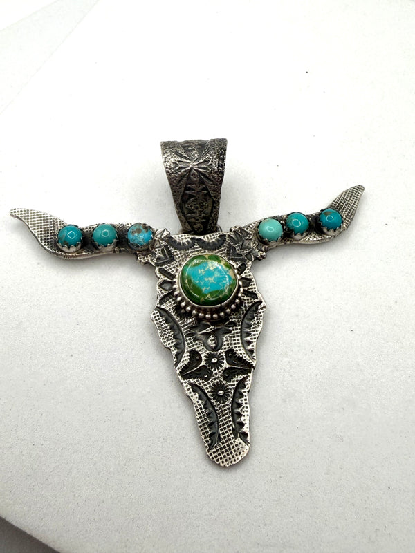 SONORAN GOLD TURQUOISE NATIVE HANDMADE LONGHORN PENDANT BY LEROY JAMES (LA 7)