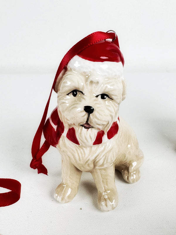 3 - DOLOMITE DOGGIE WITH SANTA HATS TREE ORGNAMENTS