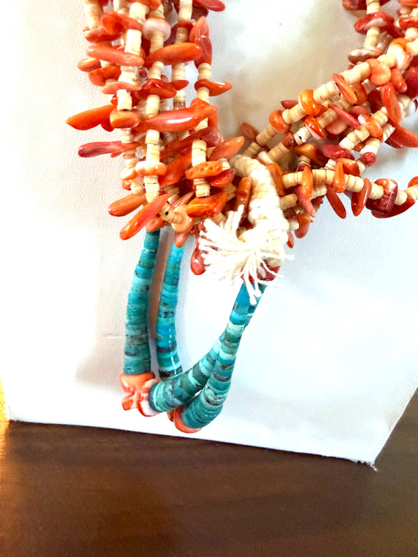 JARON YAZZIE MULTISTRAND STATEMENT SPINY & TURQUOISE COIN NECKLACE 30"  (LL 23)