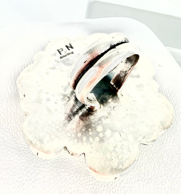 NATIVE HANDMADE SONORAN GOLD TURQUOISE SILVER COIN RING SIZE 6 SIGNED BY PHILBERT NEZ (YEAR 1945) (JR 37)