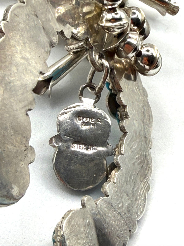 (RARE PIECE) EFFIE CALAVAZA ZUNI SLEEPING BEAUTY TURQUOISE SNAKE SQUASH BLOSSOM NECKLACE 22" & POST BACK EARRINGS NAVAJO HANDMADE SET (NP 33)