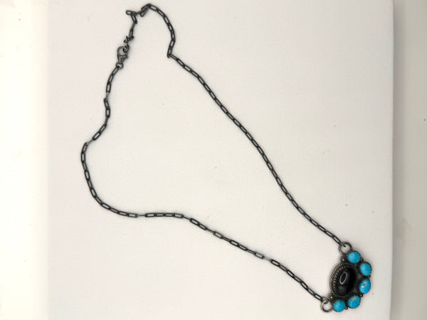 BLACK ONYX & KINGMAN TURQUOISE CLUSTER GUNMETAL ADJUSTABLE NECKLACE 21" (TC 10)