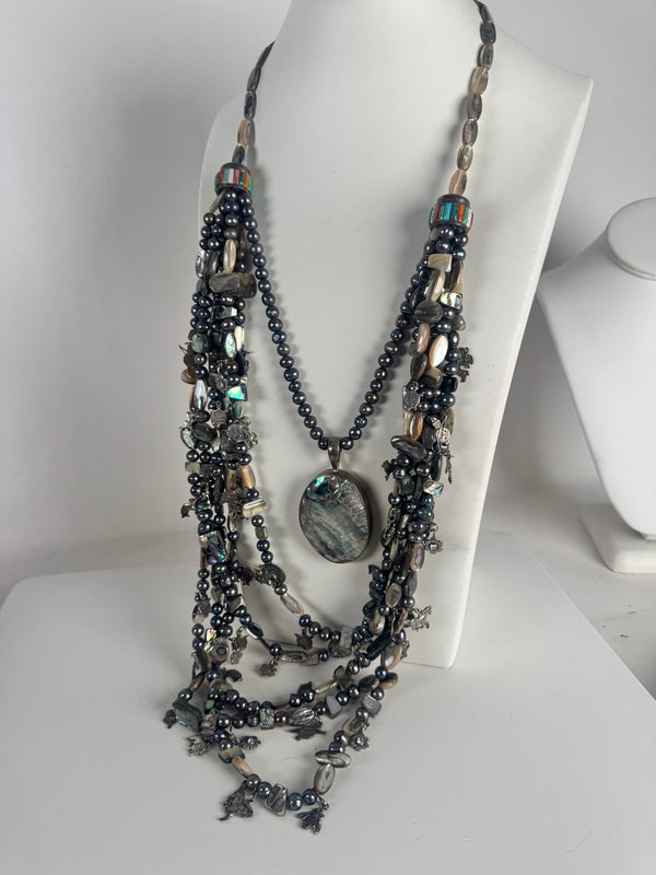 MULTISTRAND ABALONE SHELL & MULTISTONES INLAY ONE-OF-A-KIND 42" NECKLACE (MW 326)