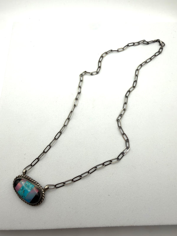 ELLA COWBOY NATIVE HANDMADE OPAL & MULTISTONES INLAY NECKLACE 18" (LL 10)