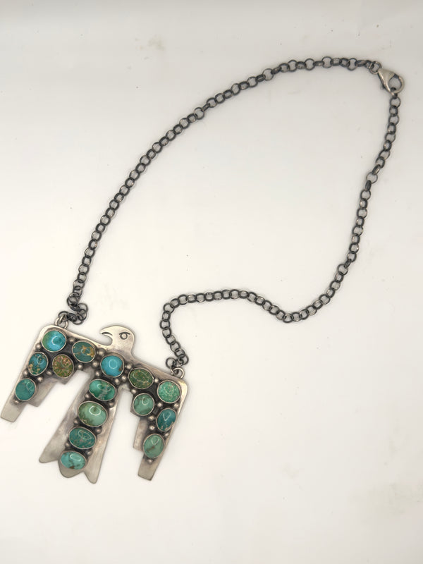 NATIVE HANDMADE MULTITURQUOISE THUNDERBIRD ADJUSTABLE NECKLACE 21" BY RUSSELL SAM (NP 17)