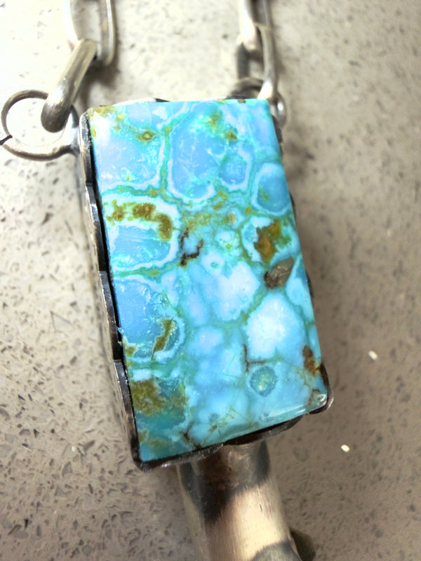 NATIVE HANDMADE LONE MOUNTAIN TURQUOISE SQUARE BLOSSOM NECKLACE BY WILBER MUSKET JR.  ADJUSTABLE 26" (NP 18)