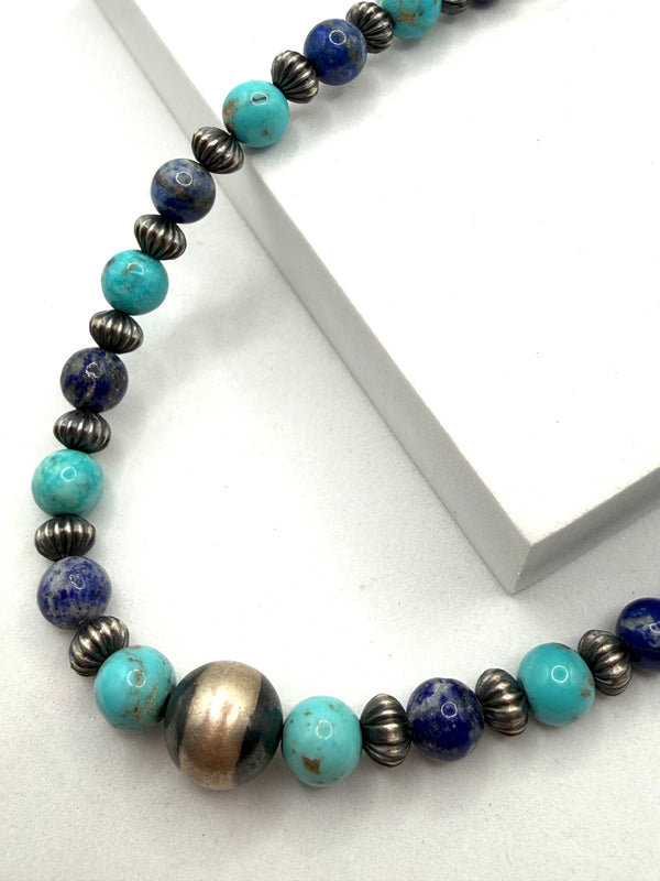 KINGMAN TURQUOISE & LAPIS LAZULI FLUTTED NAVAJO PEARLS 20" (LL 34)