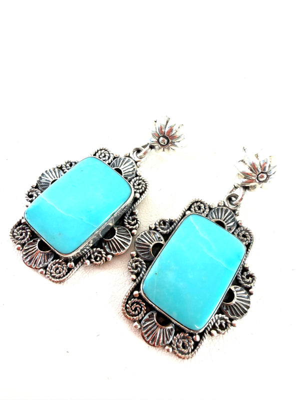 KINGMAN TURQUOISE STERLING SILVER STATEMENT BAR EARRINGS 1.5" (AM 10)