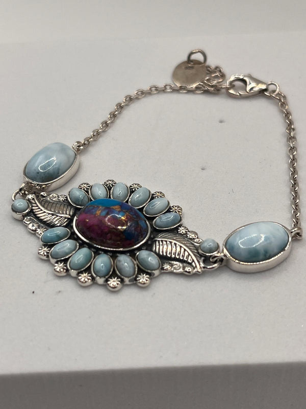 STERLING SILVER LARIMAR & PURPLE DAHLIA ADJUSTABLE BRACELET 7-8" (JR 104)