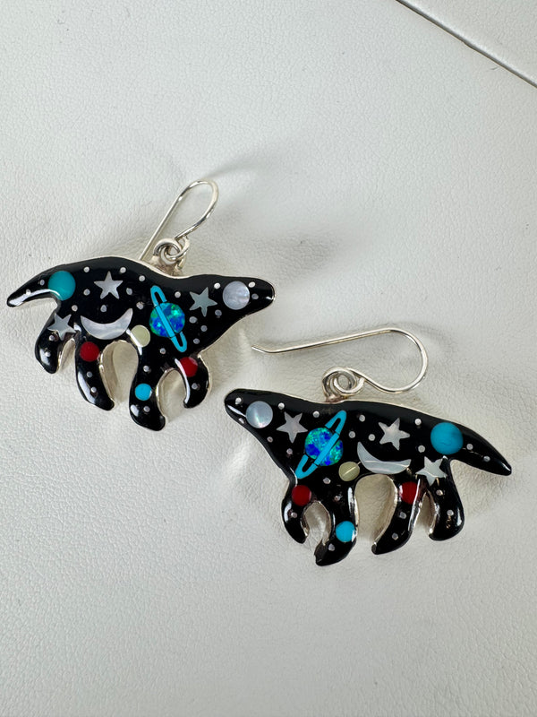 MULTISTONES INLAY SPACE WOLF FISH HOOK EARRINGS (JR 6)