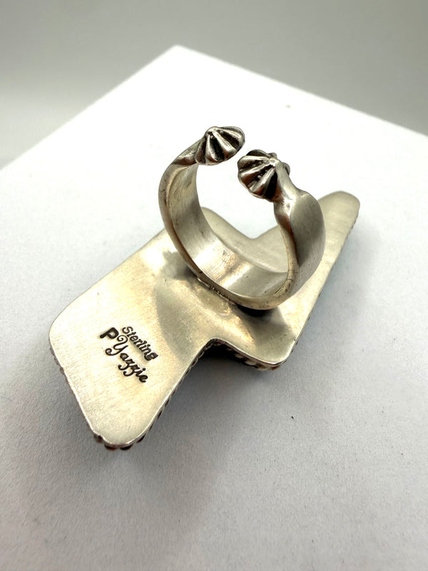 PATRICK YAZZIE NATIVE HANDMADE MORENCI TURQUOISE LIGHTNING BOLT ADJUSTABLE RING (NP 30)