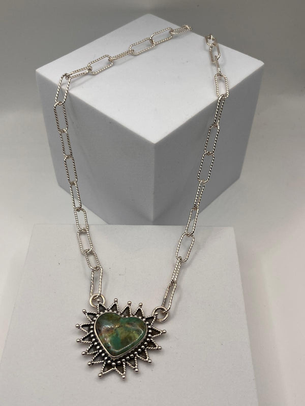 TWISTED-CHAIN ROYSTON TURQUOISE ELECTRIC HEART NECKLACE 22" (JR 100)