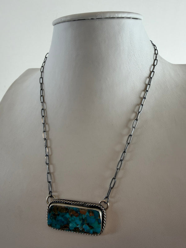 NATIVE HANDMADE KINGMAN TURQUOISE & PYRITE BAR NECKLACE BY NED NEZ (ADJUSTABLE 22") (JR 68)