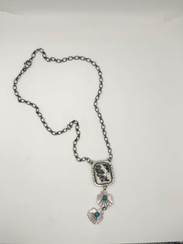 NATIVE HANDMADE WHITE BUFFALO & KINGMAN TURQUOISE STATEMENT NECKLACE (19.5") WITH THUNDERBIRD DESIGN BY JOHN MCCRAY(NP 3)