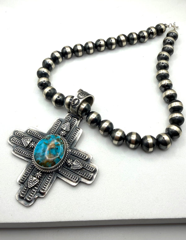 KEVIN BILLAH RED MOUNTAIN TURQUOISE ZIA 12MM NAVAJO PEARLS 17" NECKLACE (NP 32)