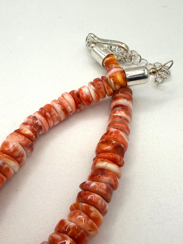 CHUNKY ORANGE SPINY OYSTER BEADED NECKLACE WITH STERLING SILVER FLUTTED SPACERS 18-22" (TC 14)