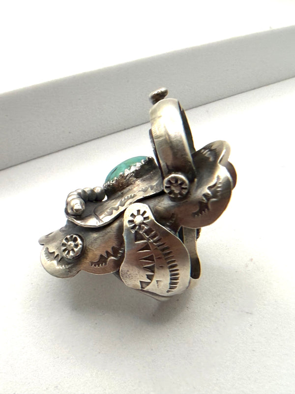 NATIVE HANDMADE LONE MOUNTAIN TURQUOISE SADDLE RING BY TIM YAZZIE SIZE 8 (NP 14)