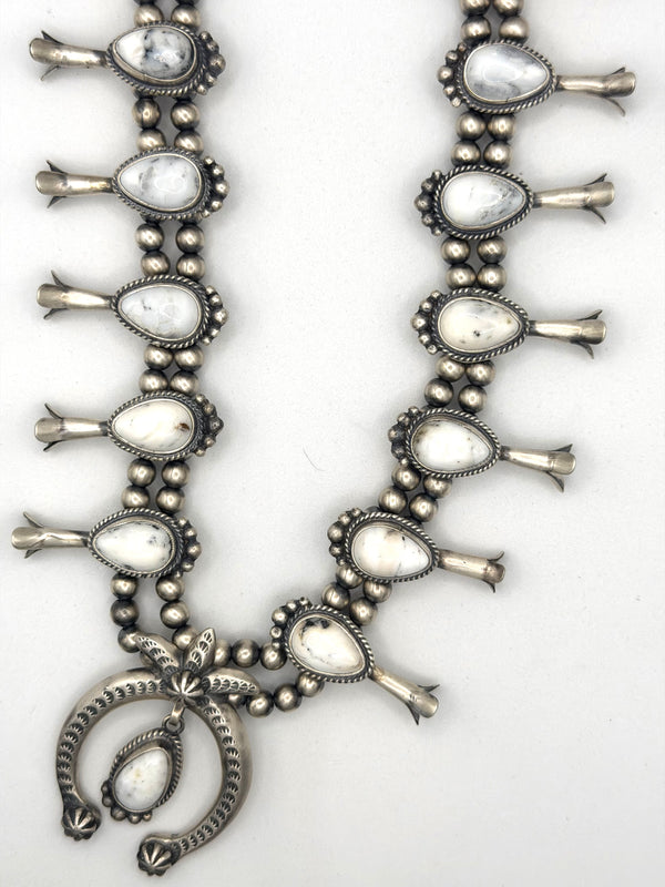 THOMAS FRANCISCO WHITE BUFFALO TURQUOISE NATIVE HANDMADE SQUASH BLOSSOM 27" & EARRINGS SET (NP 21)
