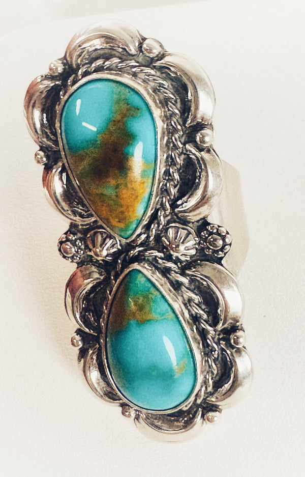 NATIVE HANDMADE SONORAN GOLD TURQUOISE ADJUSTABLE HOURGLASS RING BY LARRY KAYE