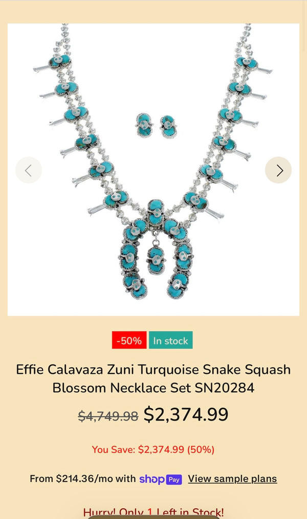 (RARE PIECE) EFFIE CALAVAZA ZUNI SLEEPING BEAUTY TURQUOISE SNAKE SQUASH BLOSSOM NECKLACE 22" & POST BACK EARRINGS NAVAJO HANDMADE SET (NP 33)