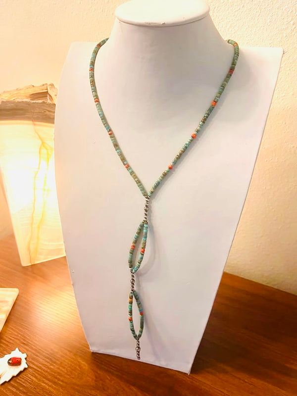 ROYSTON TURQUOISE ORANGE SPINY & NAVAJO PEARLS 23" LARIAT 8 DROP" (MW 463)