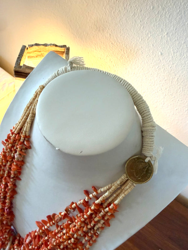 JARON YAZZIE MULTISTRAND STATEMENT SPINY & TURQUOISE COIN NECKLACE 30"  (LL 23)